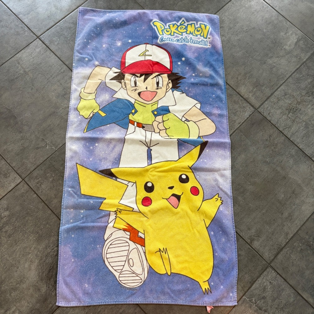 Nintendo Pokemon Ash Pikachu Vintage 1999 Beach Towel Blue Retro 90s Collectible